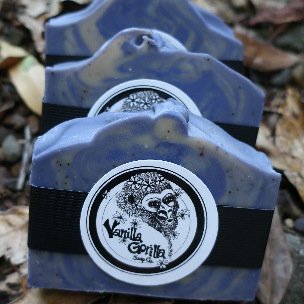Vanilla Gorilla Lavender Lift me Up soap packaging on a leafy background