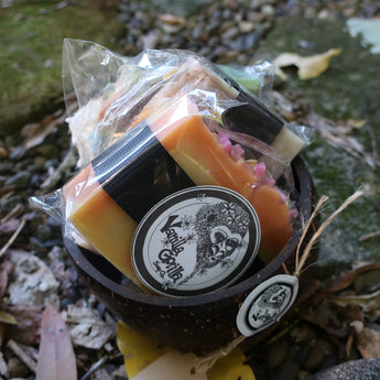 3 vanilla gorilla soap bars in a coconut on a natural background