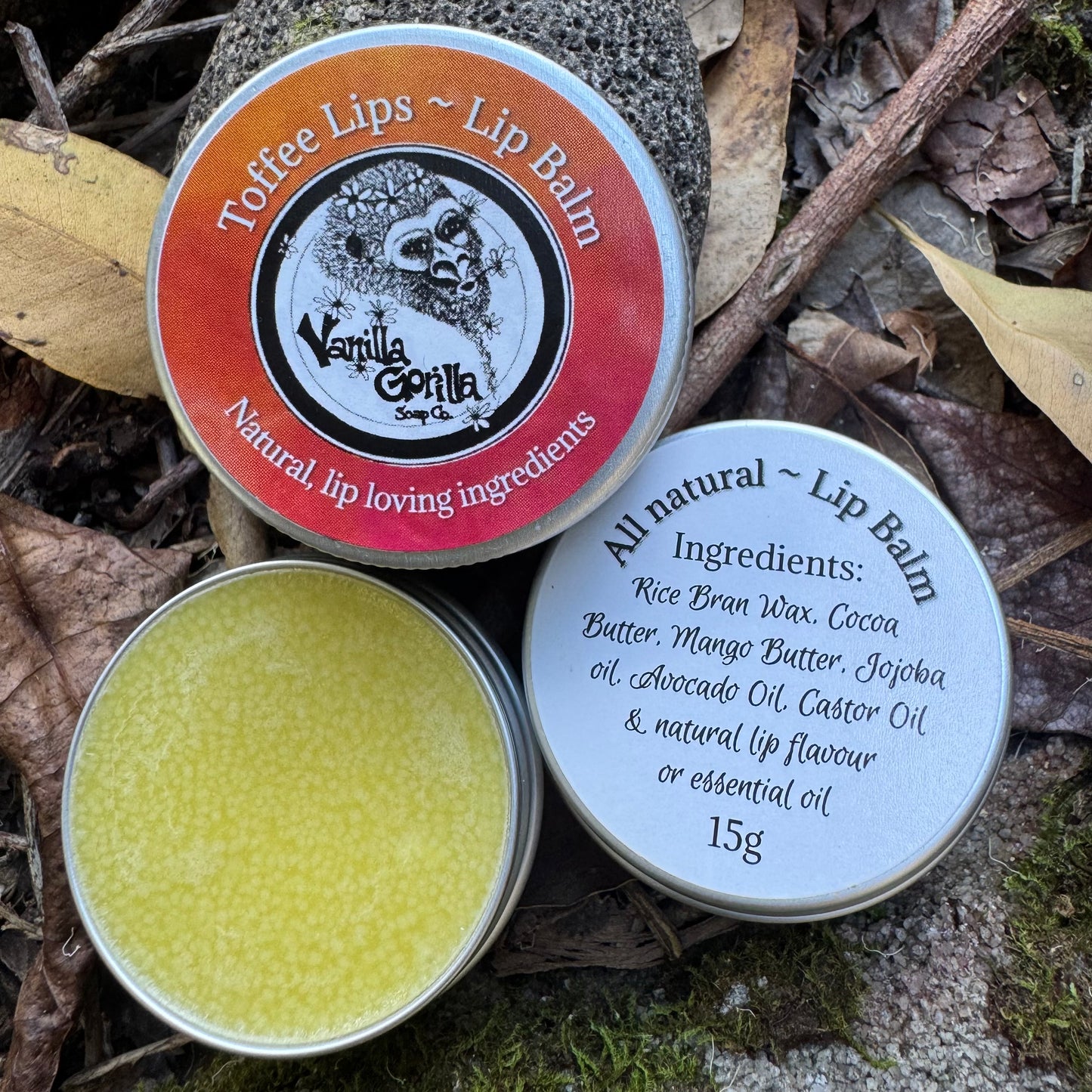 Natural Lip Balms - toffee, strawberry, peppermint & unscented.