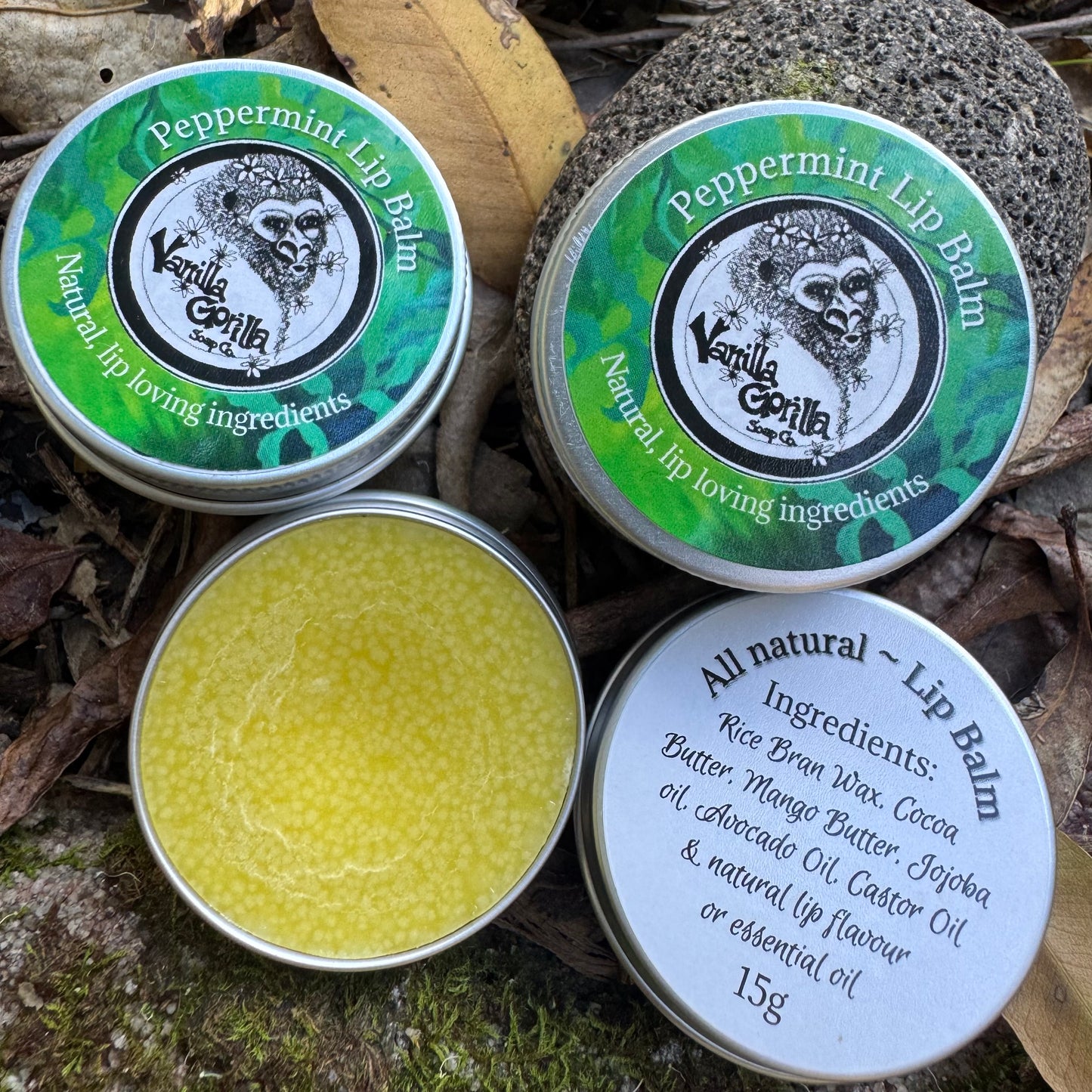 Natural Lip Balms - toffee, strawberry, peppermint & unscented.