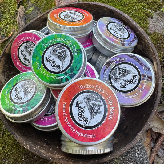 Natural Lip Balms - toffee, strawberry, peppermint & unscented.