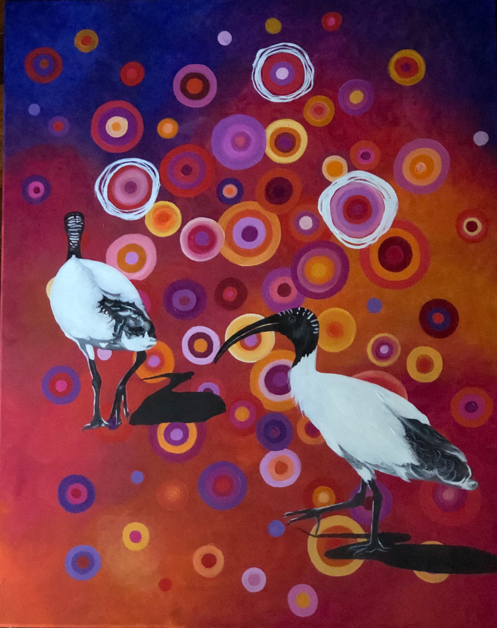 A colorful oil painting on canvas featuring two White Ibis birds with a background of multicolored circles.
