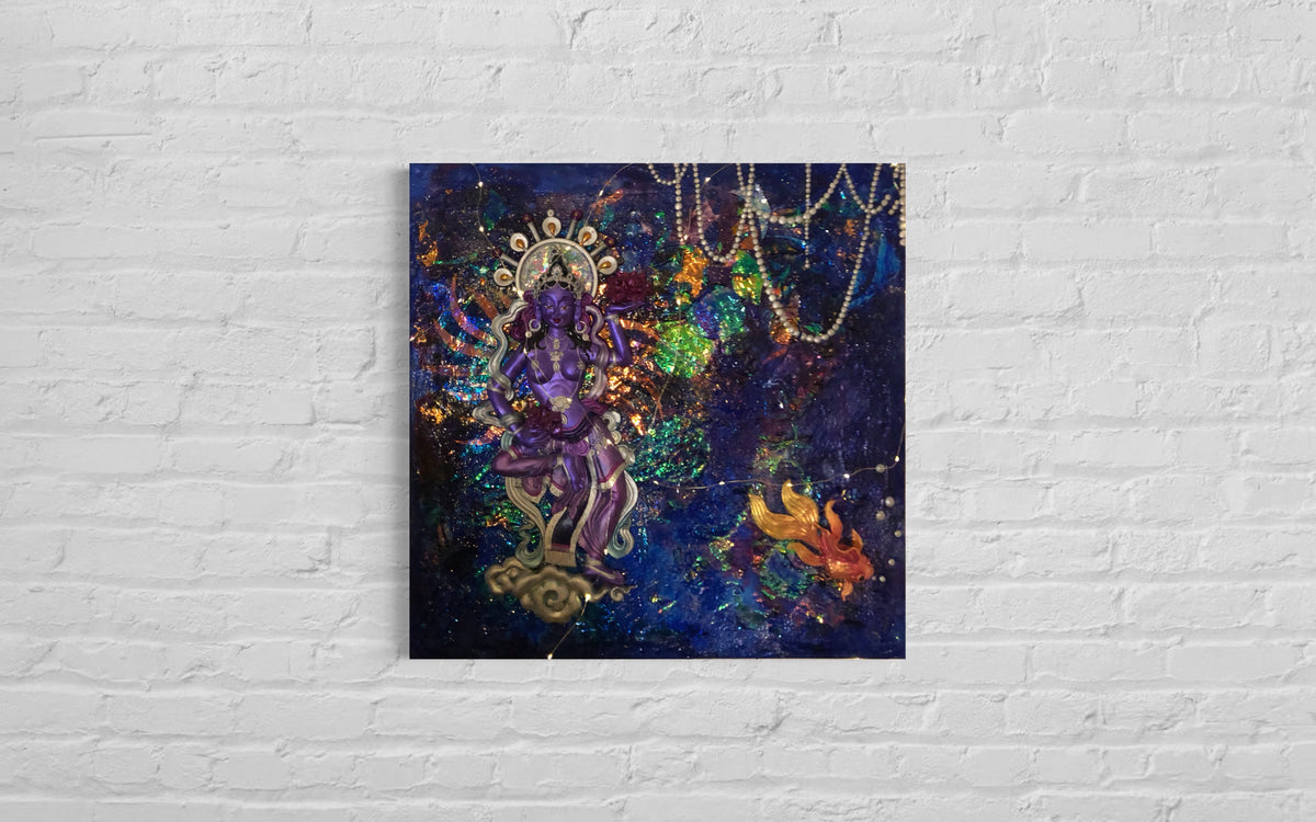 Square framed multi media wall art with galactic Aurora goddess with gold fish 