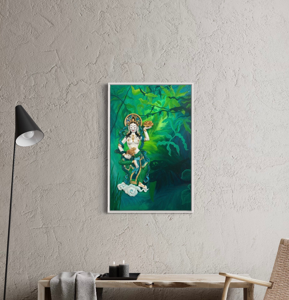 Oil painting of green jungle with offering goddess semi relief attached on a textured wall 
