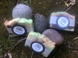 3 x vanilla gorilla lime splice scented soap bars in a rocky mossy setting