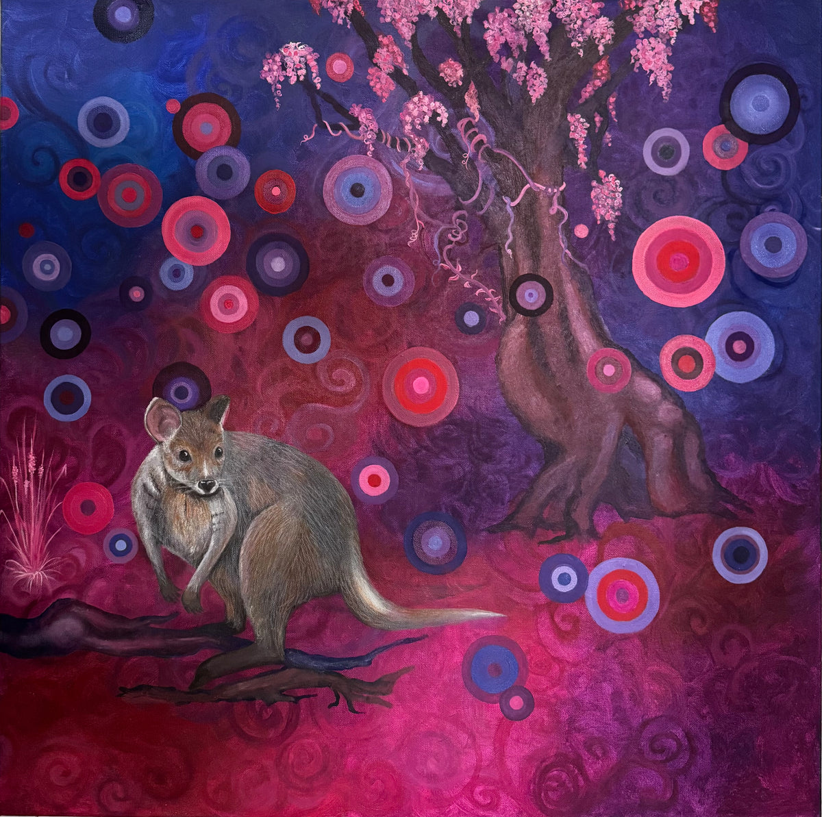 Colorful abstract painting with a kangaroo and stylized tree