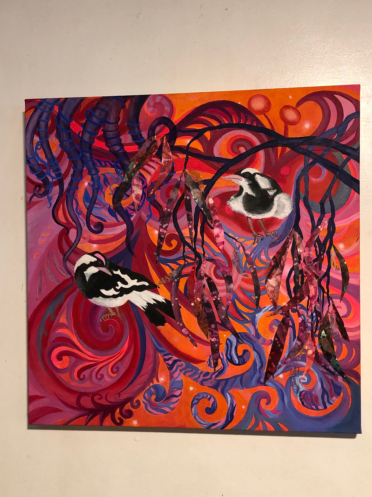 Bright vibrant oil painting with black and white magpie larks on square canvas ready to hang