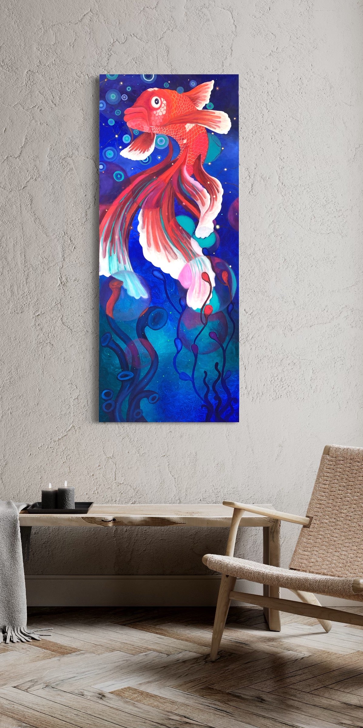 A large oil painting of a sunset orange fish hanging on a wall in living room 