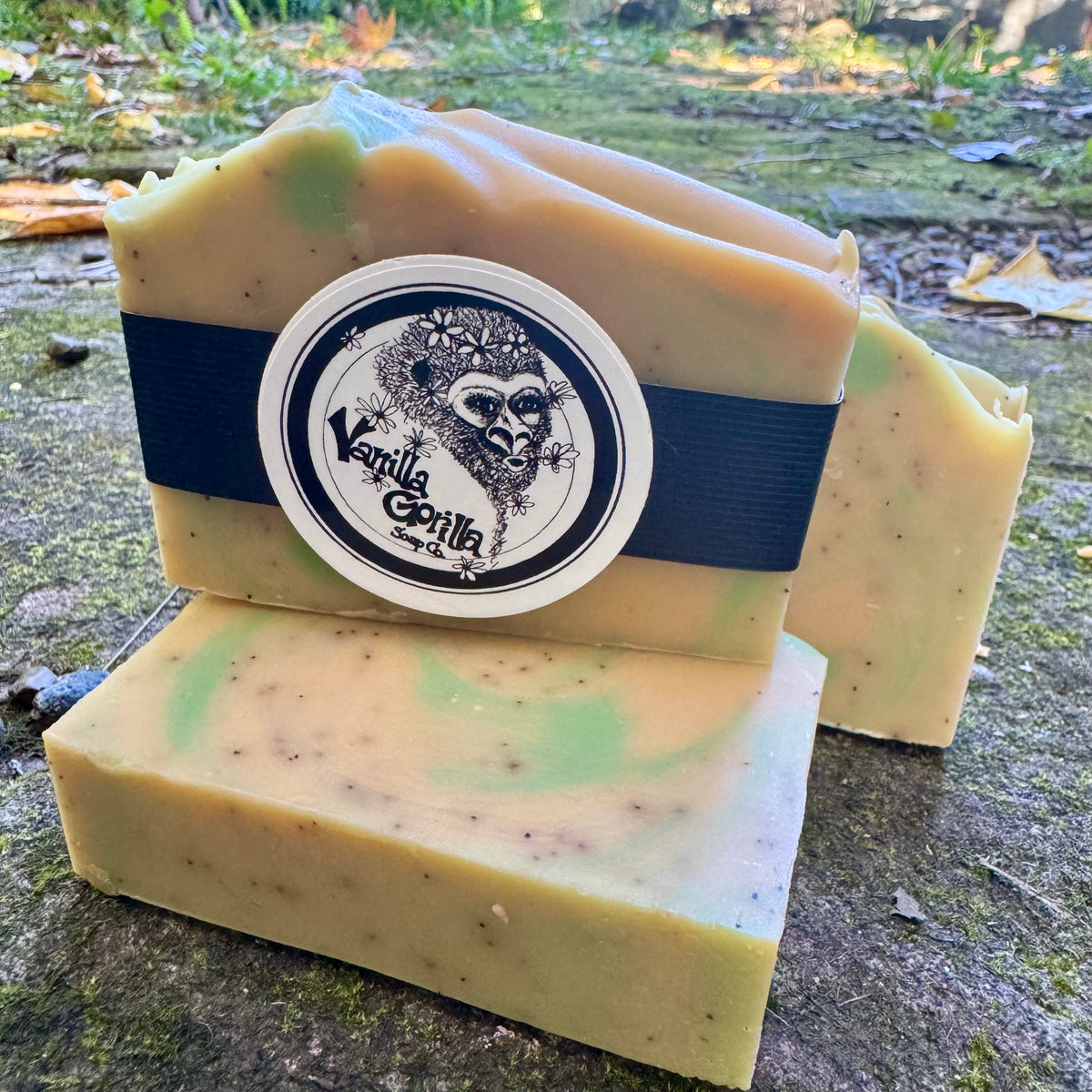 Two bars of soap with a visible vanilla gorilla brand label on a natural background