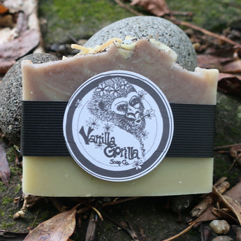 Bar of soap with a Vanilla Gorilla Soap Co. label on a natural background