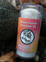 All natural citrus splash deodorant stick with visible branding on a natural background