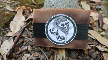 Bar of soap with Vanilla Gorilla branding on a natural background