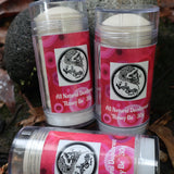 Three rosey be all-natural deodorant sticks with a vanilla gorilla brand logo on a natural background