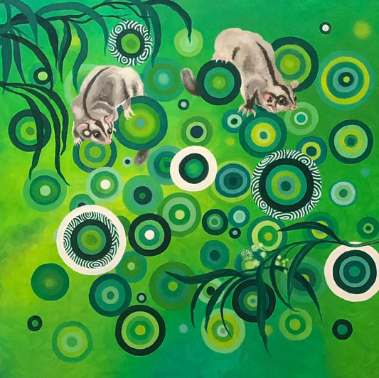 Sugar Gliders in Green Original Oil Painting on Canvas