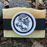 Bar of lemon myrtle soap with a vanilla gorilla label on a natural background