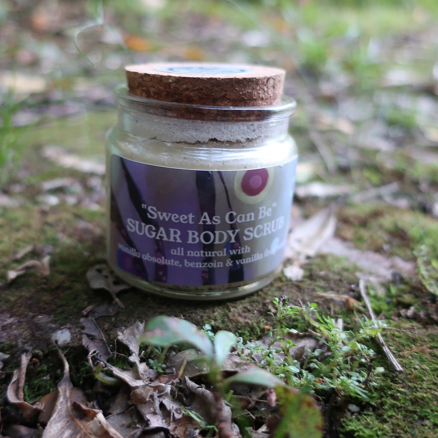 Jar of Sweet As can be Vanilla Sugar Body Scrub on a natural background