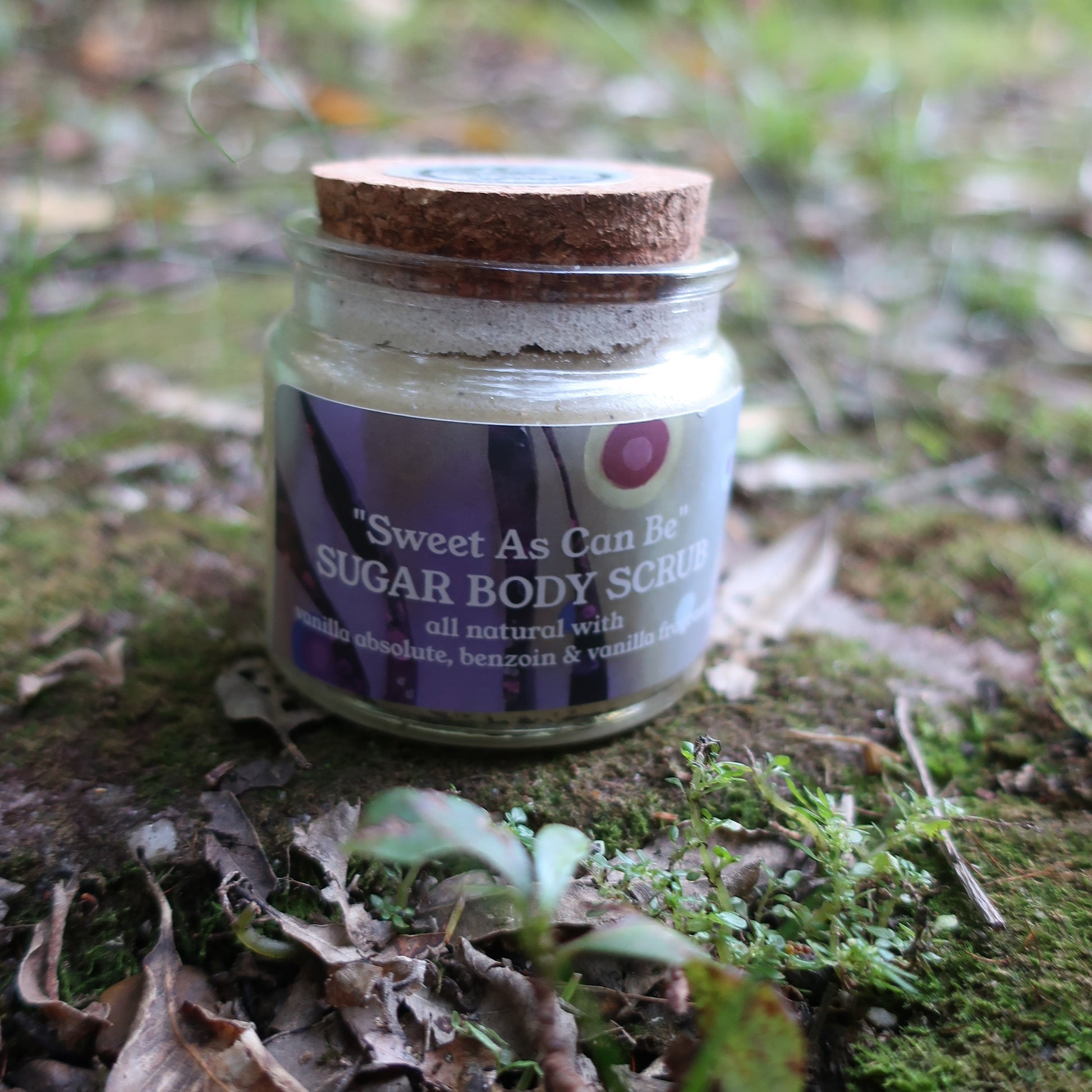 Jar of Sweet As can be Vanilla Sugar Body Scrub on a natural background