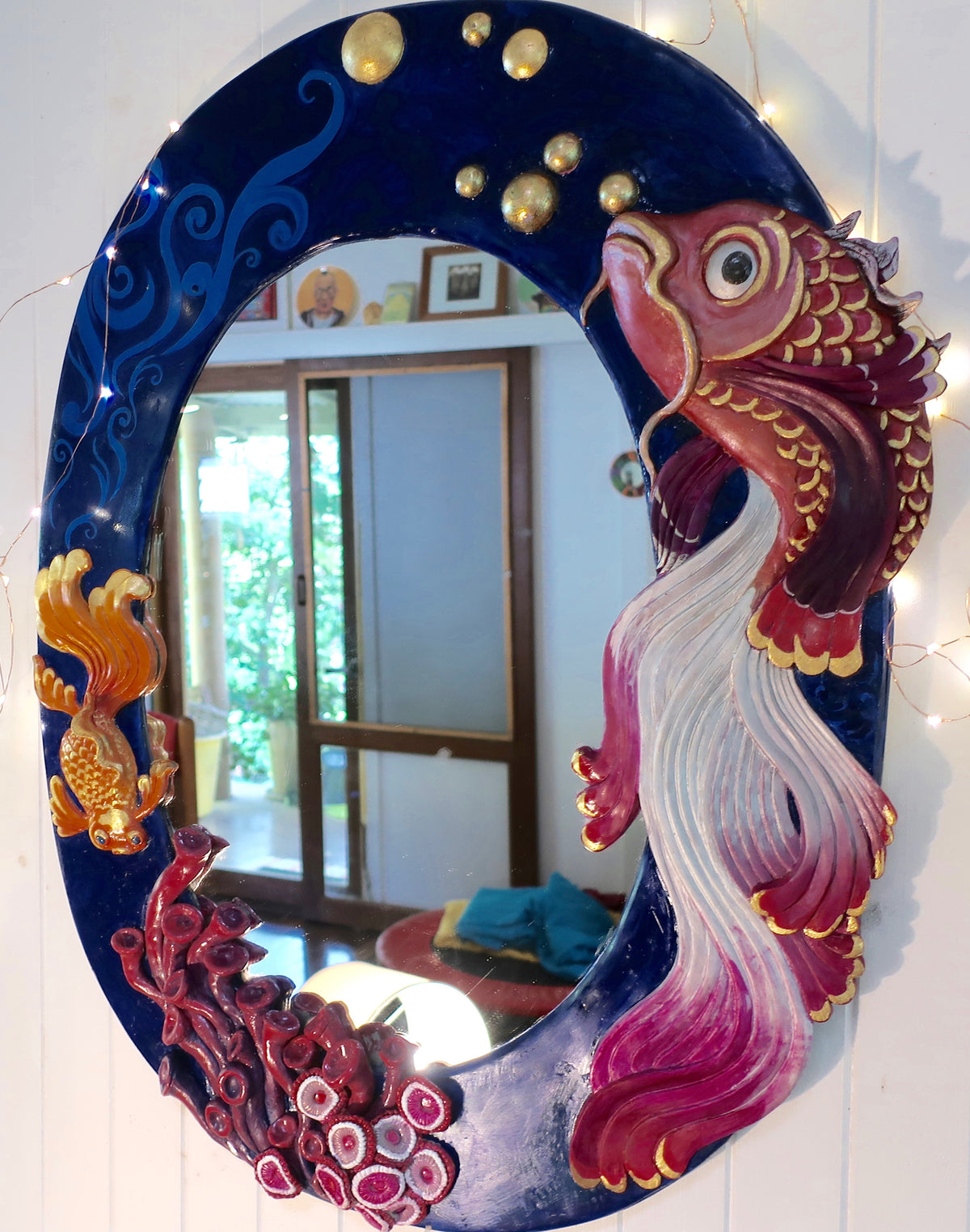 a little bit fishy~ original large oval 3d fishes painted in bright colours mirror