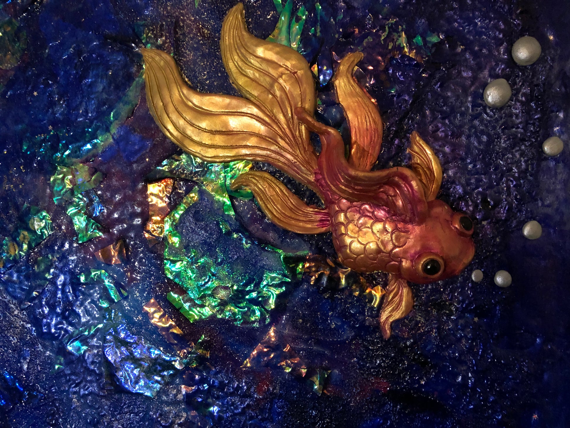 Close up gold fish on galactic Aurora goddess galaxy