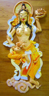 Tibetan Offering Goddess of flowers 'free~floating' wall decor (Yellow/gold)