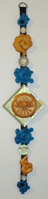 wall art, feng shui, 3d decor, hanging blue & gold sculpted wall decor with round mirrors and diamond mirror centre 