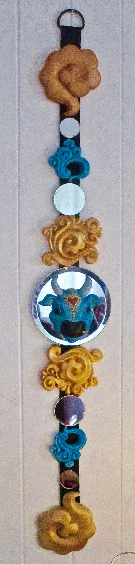 Karma cow blue & gold sculpted wall decor - feng shui art