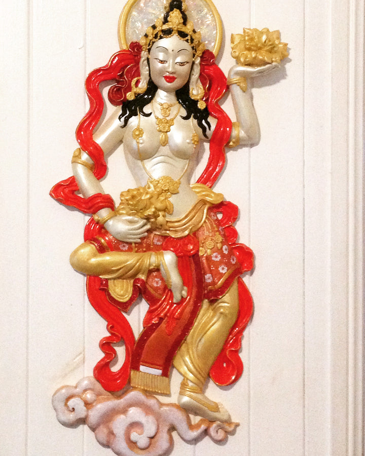 Goddess Art sculpted wall decor, white with red & gold
