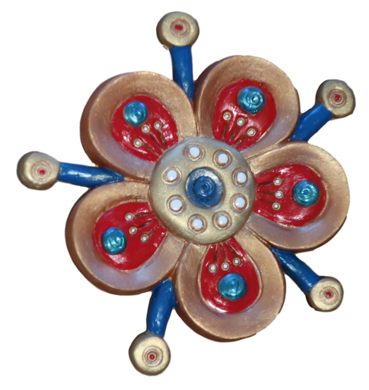 gold, red and blue funky flower fridge magnet
