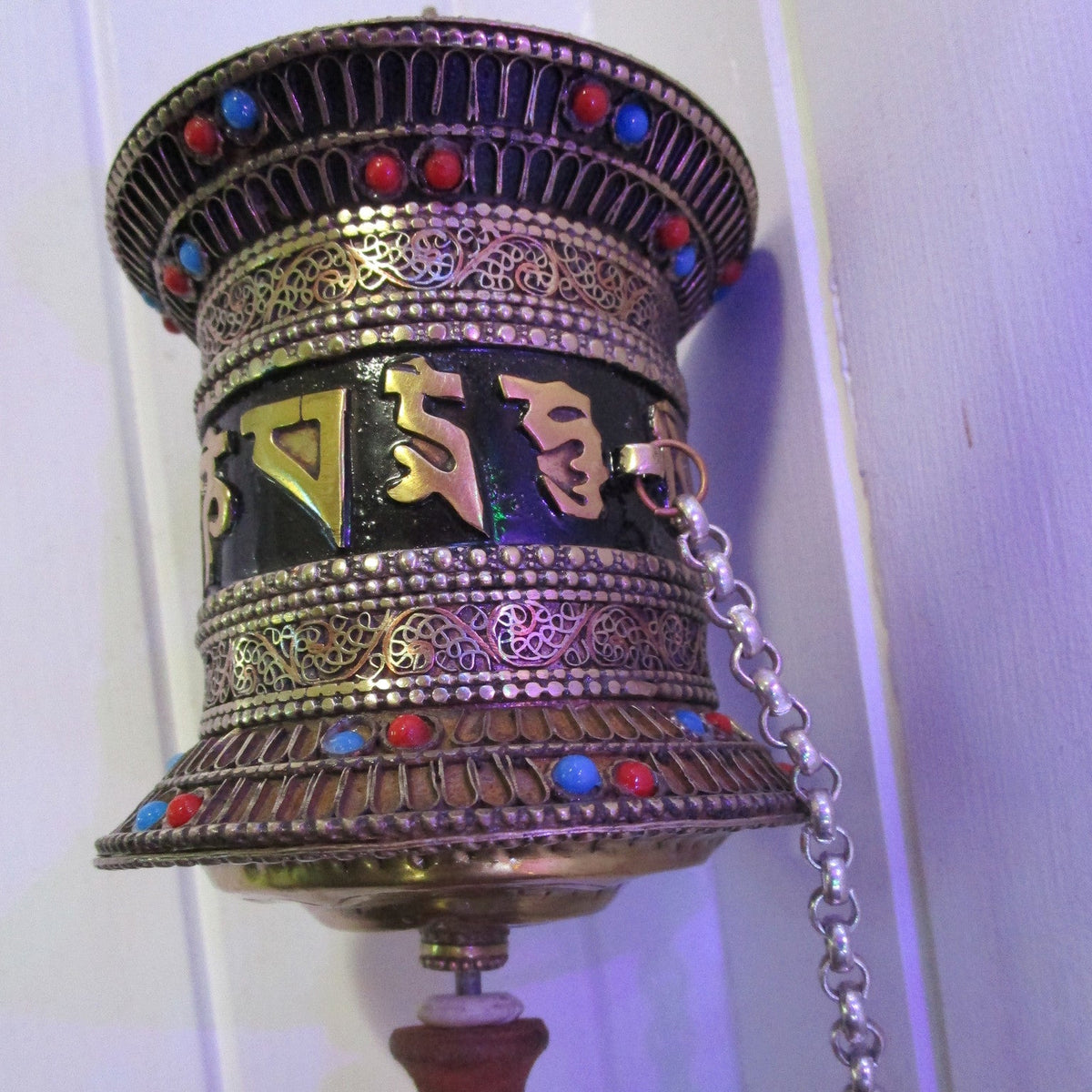 metal handcrafted prayer wheel ~ om mani padme hum ~ with turquoise and red coral inlay