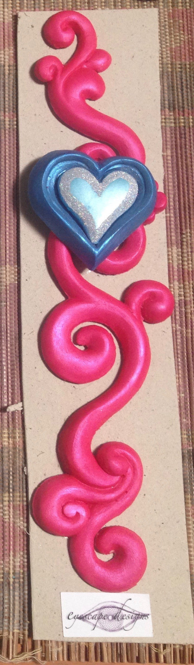 hot pink 3d swirl with blue & silver love heart fridge magnet