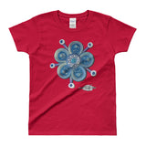 red 100% cotton ladies shirt with blue flower art print
