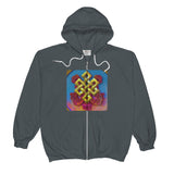 zip up hoodie ~ endless knot art print ~ buddhist design on dark grey