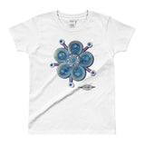 white 100% cotton ladies shirt with blue flower art print