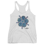 white fleck ladies racer back tank with funky blue flower print