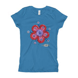 girls blue t-shirt with funky red flower print 