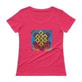 Ladies 100% cotton hot pink t-shirt w/ colourful auspicious knot art print