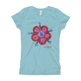 girls light blue t-shirt with funky red flower print 