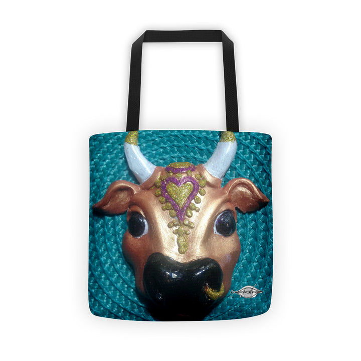 golden holy cow on turquoise tote 