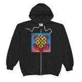 zip up hoodie ~ endless knot art print ~ buddhist design on black