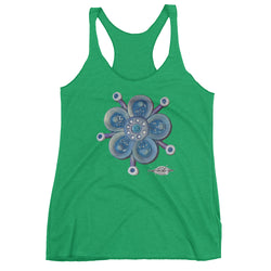 green ladies racer back tank with funky blue flower print