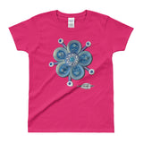 hot pink 100% cotton ladies shirt with blue flower art print