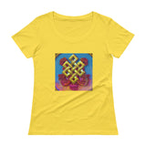 Ladies 100% cotton yellow tee w/ colourful auspicious knot art print