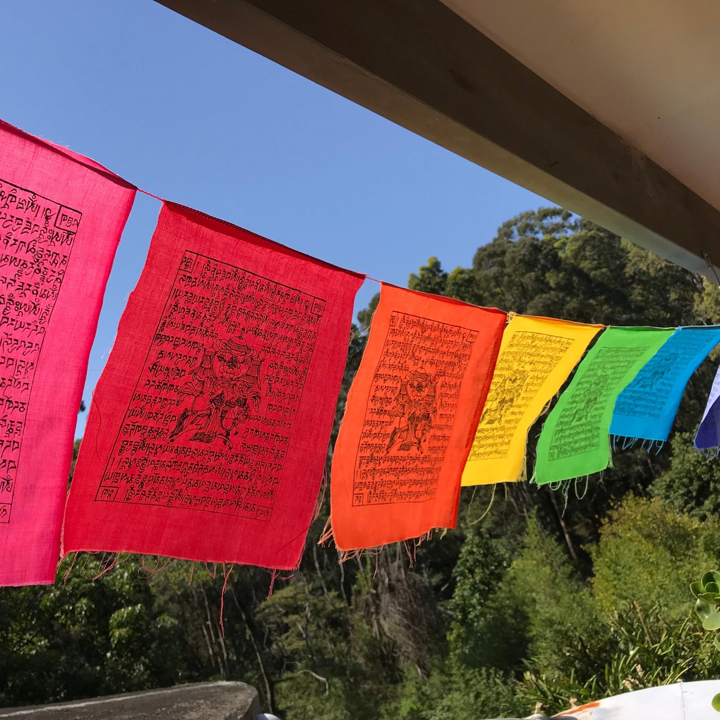 rainbow windhorse prayer flags with a green bushy background
